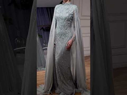 Modest Muslim Sage Green Evening Dress with Cape Long Sleeves LA72413A