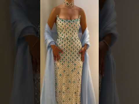 Luxury Blue Diamond Evening Dress with Cape Gown for Wedding Party LA73226