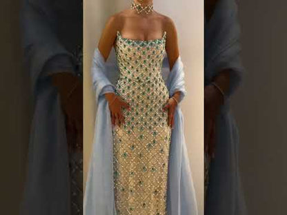 Luxury Blue Diamond Evening Dress with Cape Gown for Wedding Party LA73226
