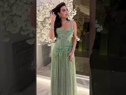 Luxury Arabic Green Beaded Spaghetti Strap Evening Dress LA73332