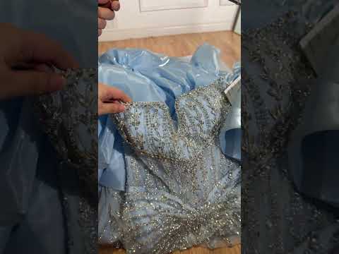 Luxury Light Blue Diamond Evening Dress With Ruffle Cape LA73141
