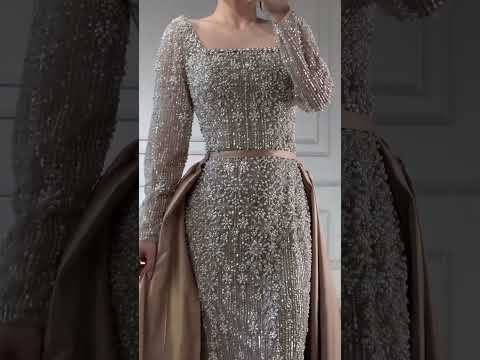 Luxury  Dubai Arabic Muslim Caramel Mermaid Beaded Evening Gown with Overskirt LA72533A