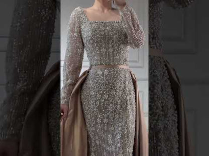 Luxury  Dubai Arabic Muslim Caramel Mermaid Beaded Evening Gown with Overskirt LA72533A