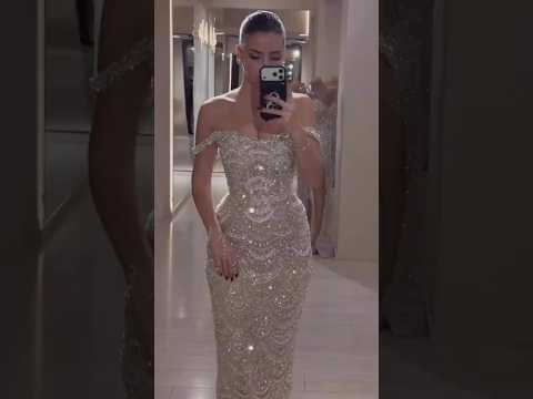 Luxury Nude Pearl Beaded Mermaid Off Shoulder Evening Dress LA73395A