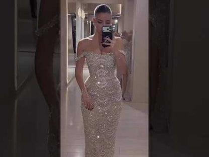 Luxury Nude Pearl Beaded Mermaid Off Shoulder Evening Dress LA73395A