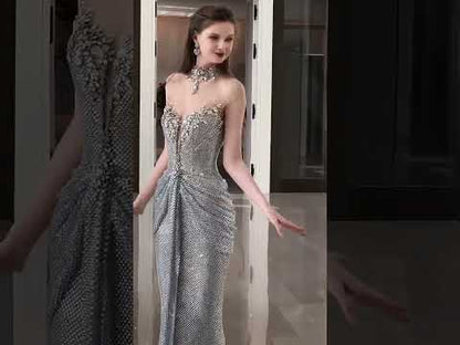 Luxury Silver Crystal Beaded Mermaid Evening Dress LA73167A