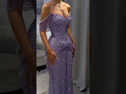 Luxury Purple Crystal Beaded Mermaid Evening Dress with Sleeves LA73539