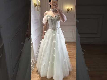Luxury White Crystal Beaded Feather A-Line Evening Dress LA73591A