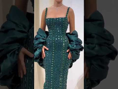 Luxury Kosovo Green Square Beaded Evening Dress with Cape LA73355