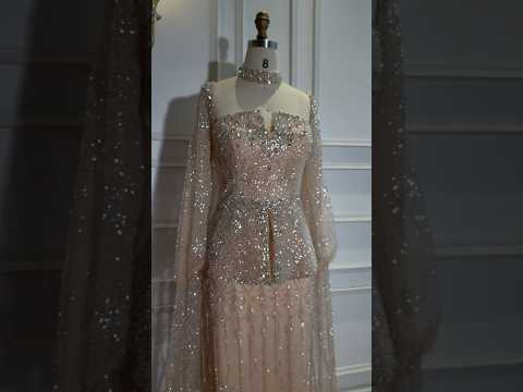 Luxury Nude Dubai Crystal Beaded Evening Dress with Cape LA73274