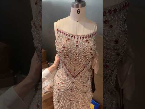 Luxury Beaded Evening Dress Puff Sleeves Pearl Adorned LA72903