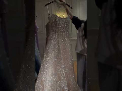 Luxury Nude Beaded A-Line Evening Dress for Women Formal Occasion LA73163