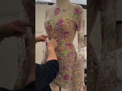 Luxury Saudi Arabic Pink 3D Flower Strapless Beaded Mermaid Evening Dress LA73552