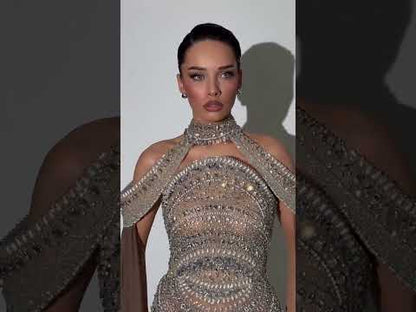 Luxury Caramel Kosovo Beaded Evening Dress with Cape LA73344