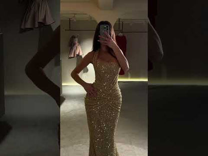 Luxury Gold Halter Beaded Mermaid Evening Dress LA73483