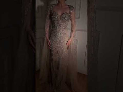 Luxury Caramel Crystal Beaded Mermaid Evening Dress with Cape LA72575D