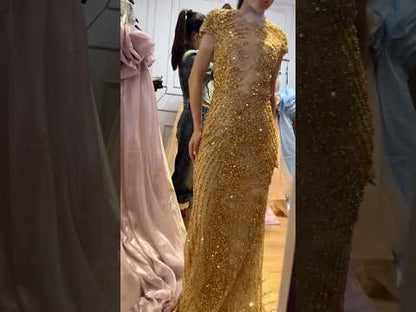 Luxury Saudi Arabic Gold Beaded Mermaid Evening Dress LA73221