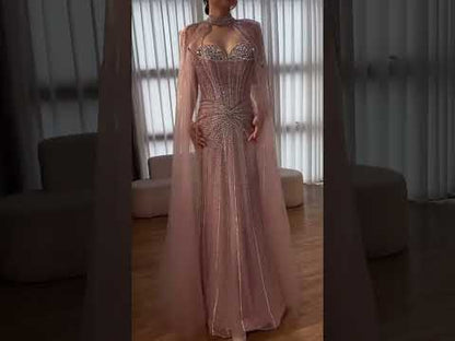 Nude Luxury Beaded Mermaid Evening Gown with Cape Sleeves LA72811A