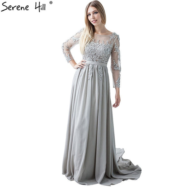 On Sale No Return No Refund Gray Beading Crystal Formal Long Sleeve Evening Dress HA2097 - SERENE  HILL