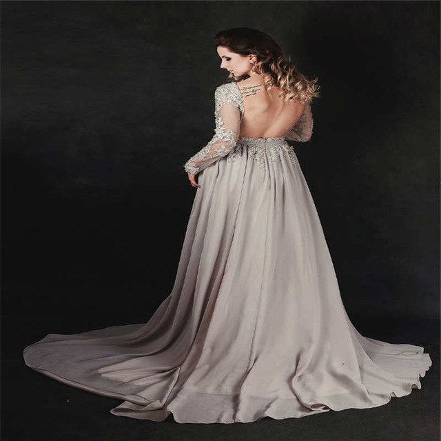 On Sale No Return No Refund Gray Beading Crystal Formal Long Sleeve Evening Dress HA2097 - SERENE  HILL