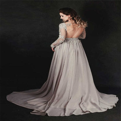 On Sale No Return No Refund Gray Beading Crystal Formal Long Sleeve Evening Dress HA2097 - SERENE HILL