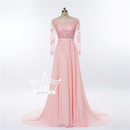 On Sale No Return No Refund Gray Beading Crystal Formal Long Sleeve Evening Dress HA2097 - SERENE HILL
