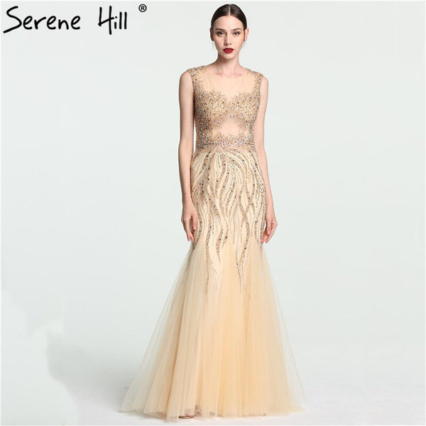 On Sale no return no refundSale O-Neck Luxury Illusion Mermaid Evening Dresses Long Sexy Beading Crystal Fashion Evening Gown Serene Hill LA6119