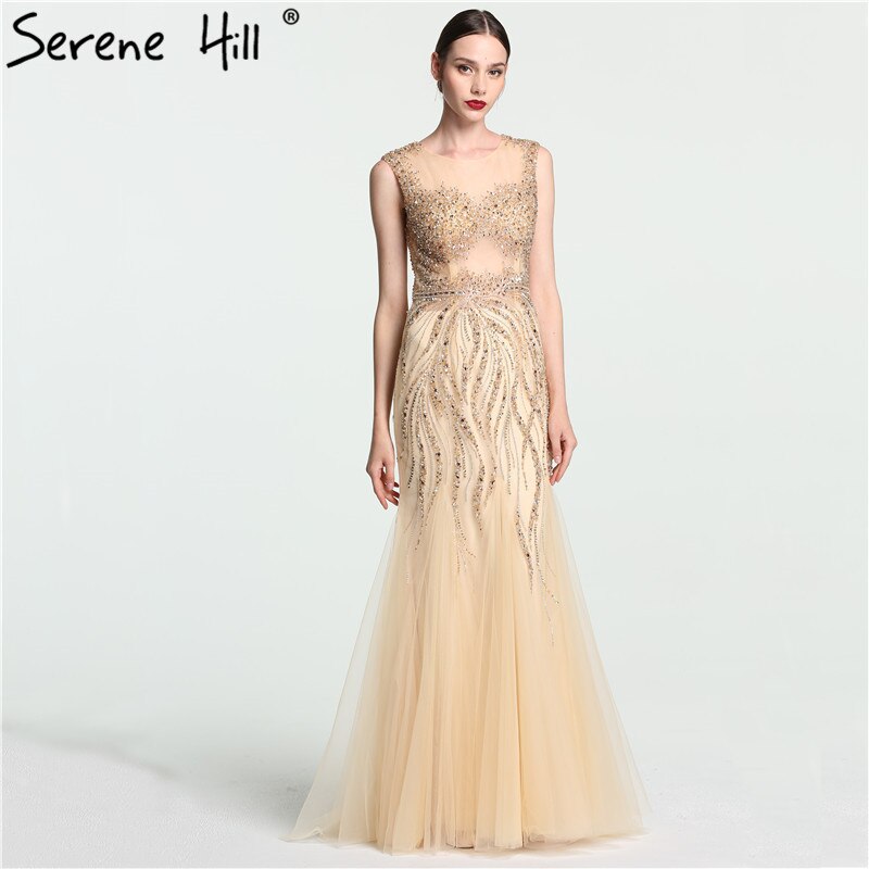 trendy evening dresses 2020 O-Neck Luxury Illusion Mermaid Evening Dresses Long Sexy Beading Gold / 4