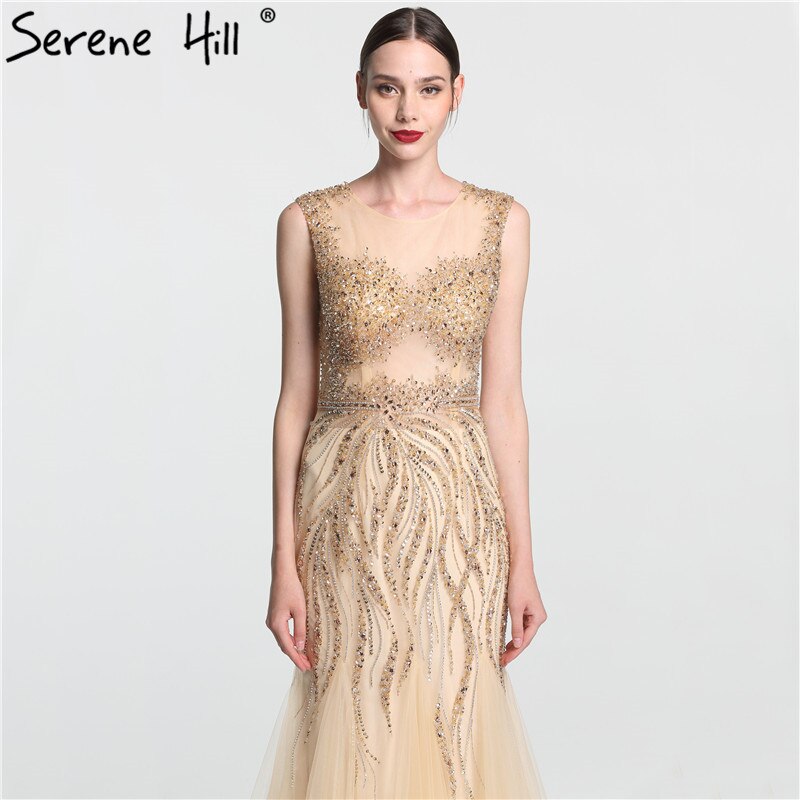 On Sale no return no refundSale O-Neck Luxury Illusion Mermaid Evening Dresses Long Sexy Beading Crystal Fashion Evening Gown Serene Hill LA6119 - SERENE HILL