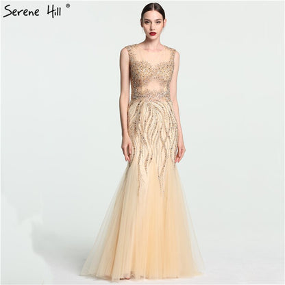 On Sale no return no refundSale O-Neck Luxury Illusion Mermaid Evening Dresses Long Sexy Beading Crystal Fashion Evening Gown Serene Hill LA6119 - SERENE HILL