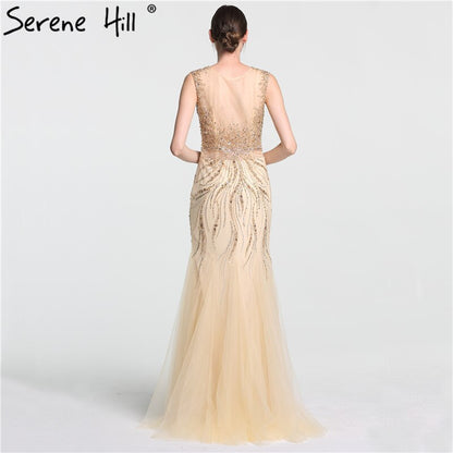 On Sale no return no refundSale O-Neck Luxury Illusion Mermaid Evening Dresses Long Sexy Beading Crystal Fashion Evening Gown Serene Hill LA6119 - SERENE HILL