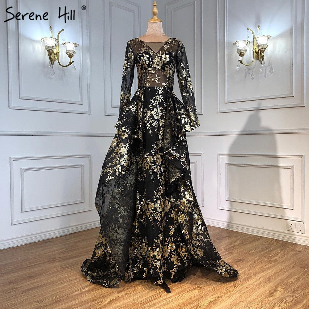 On Sale No Return No Refund 2025 Black V-Neck Fashion New Evening Dresses Sequined Sleeveless Glitter Luxury Evening Gowns Serene Hill LA6552 - SERENE HILL