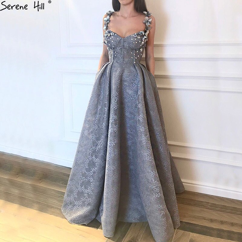 On Sale No Return No Refund Sale 2025 Grey Sequined Flowers Lace Evening Dresses New Sexy Sleeveless Fashion Beach Evening Gowns Serene Hill LA6539 - SERENE HILL