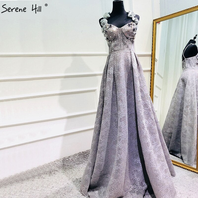 On Sale No Return No Refund Sale 2025 Grey Sequined Flowers Lace Evening Dresses New Sexy Sleeveless Fashion Beach Evening Gowns Serene Hill LA6539 - SERENE HILL