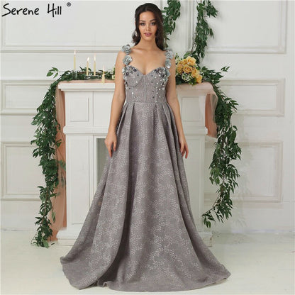 On Sale No Return No Refund Sale 2025 Grey Sequined Flowers Lace Evening Dresses New Sexy Sleeveless Fashion Beach Evening Gowns Serene Hill LA6539 - SERENE HILL