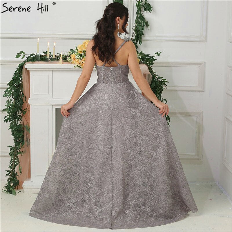 On Sale No Return No Refund Sale 2025 Grey Sequined Flowers Lace Evening Dresses New Sexy Sleeveless Fashion Beach Evening Gowns Serene Hill LA6539 - SERENE HILL