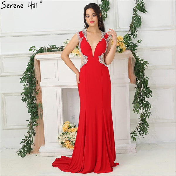 On Sale no return no refundSale 2025 Red Deep V-Neck Sexy Evening Dresses Beading Sleeveless Bride Toasting Evening Gowns Serene Hill LA6680