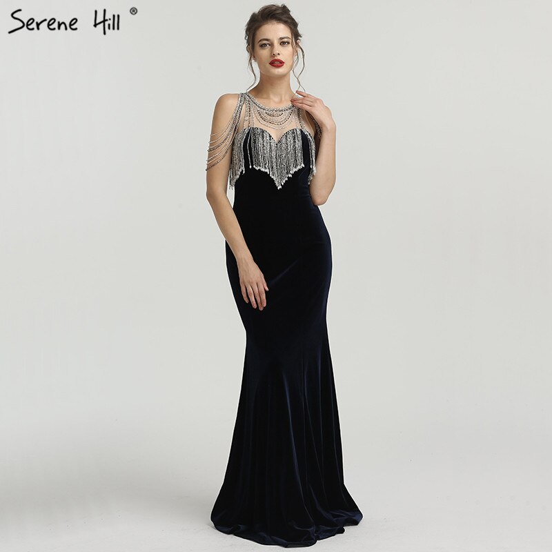 On Sale no return no refundSale 2025 Sleeveless Beading Tassel Mermaid Evening Dresses New Red Velour Sexy Elegant Evening Gowns Serene Hill LA6586 - SERENE HILL