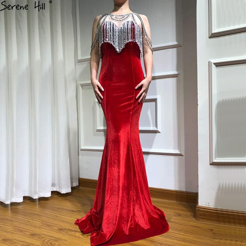 On Sale no return no refundSale 2025 Sleeveless Beading Tassel Mermaid Evening Dresses New Red Velour Sexy Elegant Evening Gowns Serene Hill LA6586 - SERENE HILL