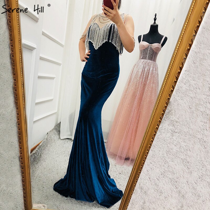 On Sale no return no refundSale 2025 Sleeveless Beading Tassel Mermaid Evening Dresses New Red Velour Sexy Elegant Evening Gowns Serene Hill LA6586 - SERENE HILL