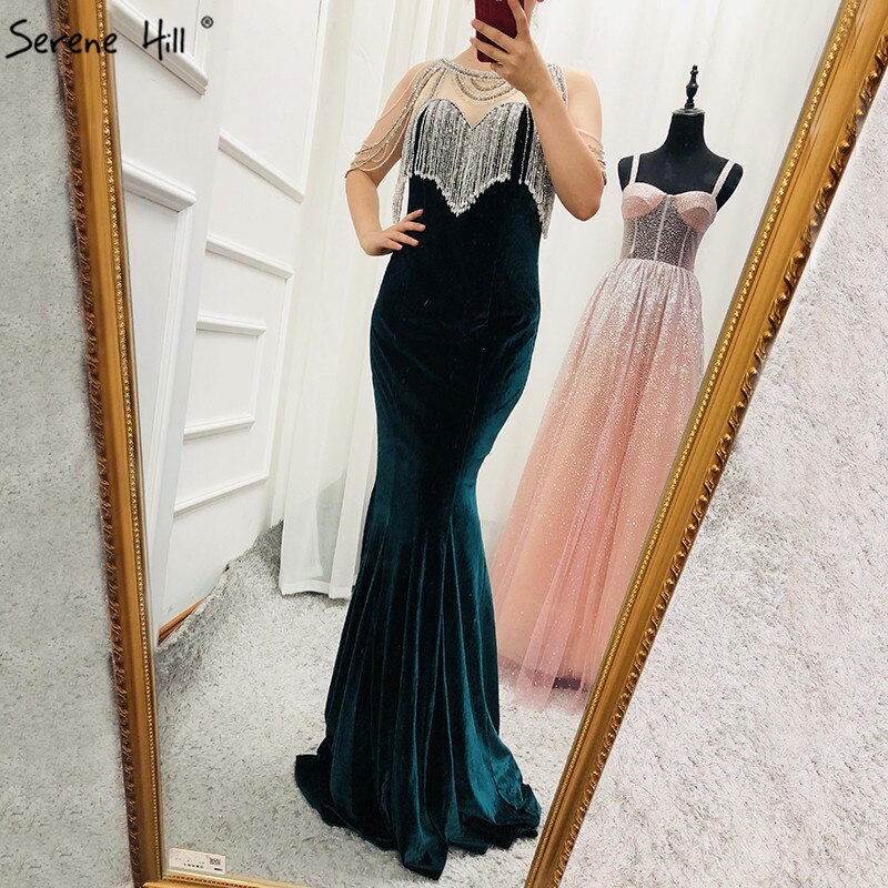 On Sale no return no refundSale 2025 Sleeveless Beading Tassel Mermaid Evening Dresses New Red Velour Sexy Elegant Evening Gowns Serene Hill LA6586 - SERENE HILL