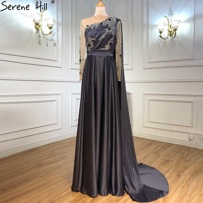 On Sale no return no refundSale Arabic One Shoulder Olive Green Muslim Evening Dress with Cape Long Sleeves Women Wedding Party Gowns Elegant Plus Size LA70985 - SERENE HILL