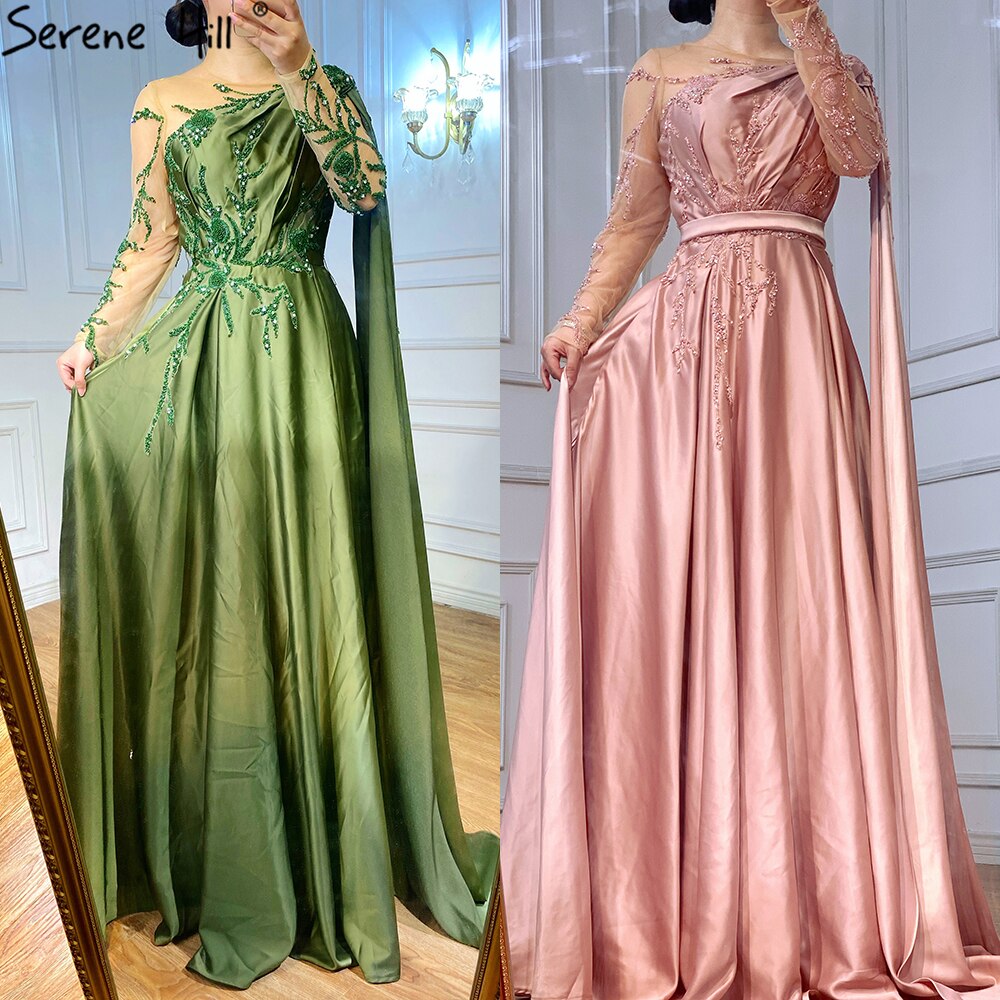 On Sale no return no refundSale Arabic One Shoulder Olive Green Muslim Evening Dress with Cape Long Sleeves Women Wedding Party Gowns Elegant Plus Size LA70985 - SERENE HILL