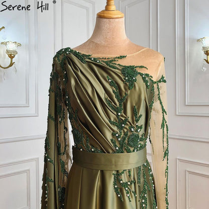 On Sale no return no refundSale Arabic One Shoulder Olive Green Muslim Evening Dress with Cape Long Sleeves Women Wedding Party Gowns Elegant Plus Size LA70985 - SERENE HILL