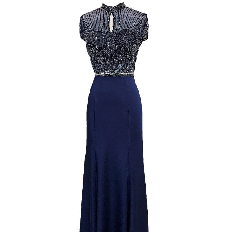 Sale Black High Neck Satin Mermaid Evening Dresses 2025 Beading Crystal Short Sleeves Sexy Evening Gowns Serene Hill LA70162 - SERENE HILL