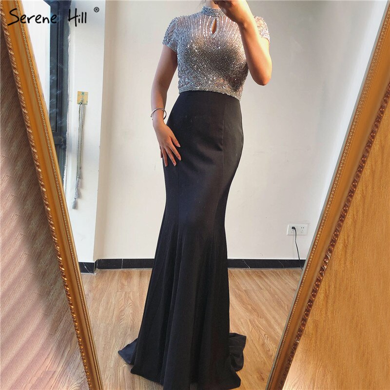 Sale Black High Neck Satin Mermaid Evening Dresses 2025 Beading Crystal Short Sleeves Sexy Evening Gowns Serene Hill LA70162 - SERENE HILL