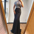 Sale Black High Neck Satin Mermaid Evening Dresses 2025 Beading Crystal Short Sleeves Sexy Evening Gowns Serene Hill LA70162 - SERENE HILL