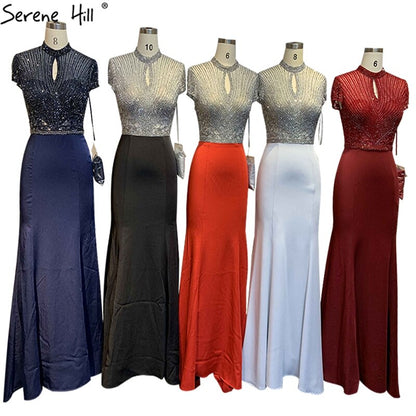 Sale Black High Neck Satin Mermaid Evening Dresses 2025 Beading Crystal Short Sleeves Sexy Evening Gowns Serene Hill LA70162 - SERENE HILL