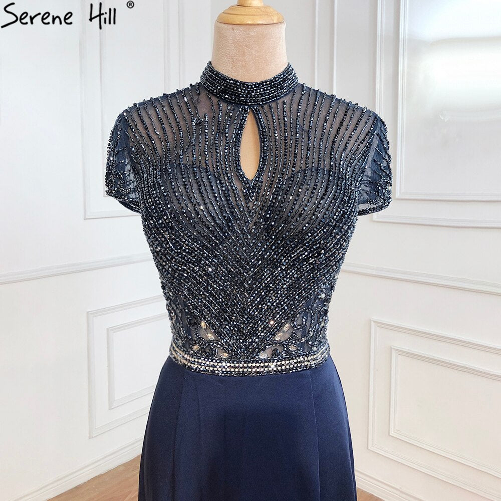Sale Black High Neck Satin Mermaid Evening Dresses 2025 Beading Crystal Short Sleeves Sexy Evening Gowns Serene Hill LA70162 - SERENE HILL