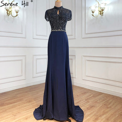 Sale Black High Neck Satin Mermaid Evening Dresses 2025 Beading Crystal Short Sleeves Sexy Evening Gowns Serene Hill LA70162 - SERENE HILL